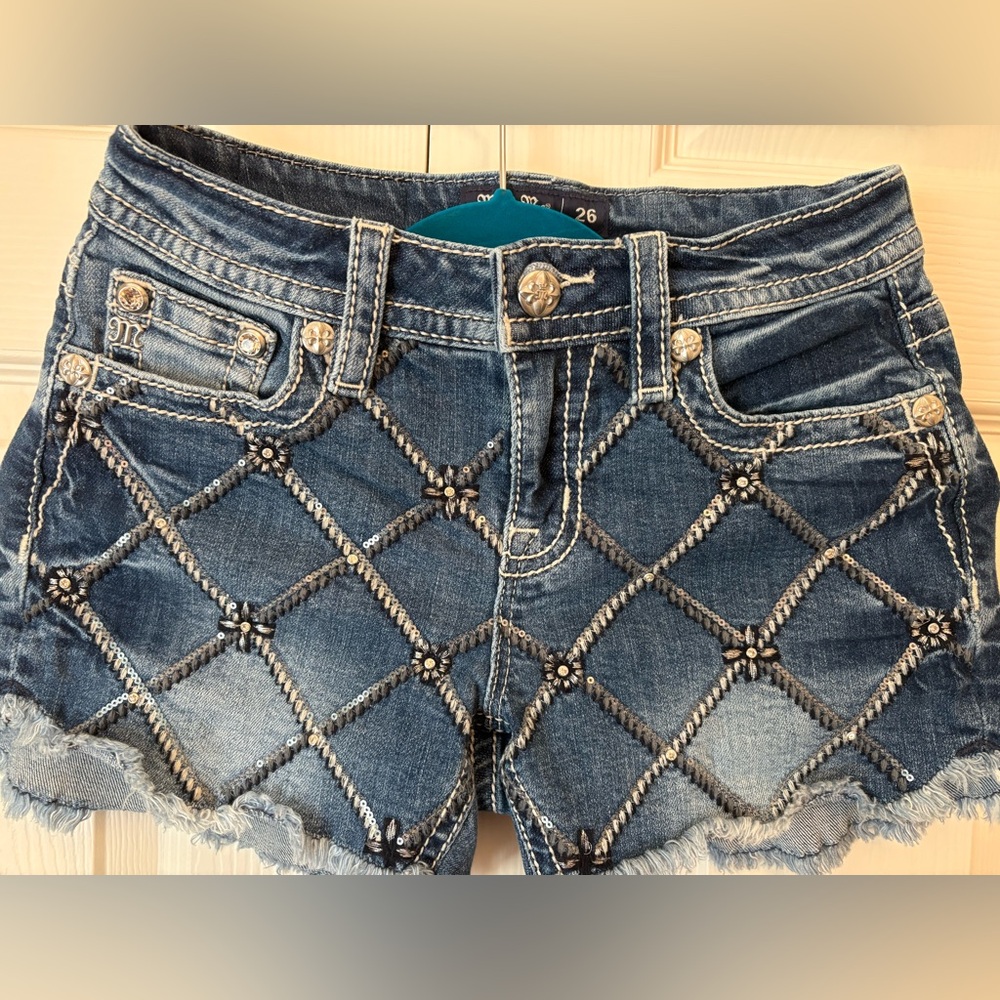 Miss Me Embellished Blue Denim Shorts with Sequin Lattice